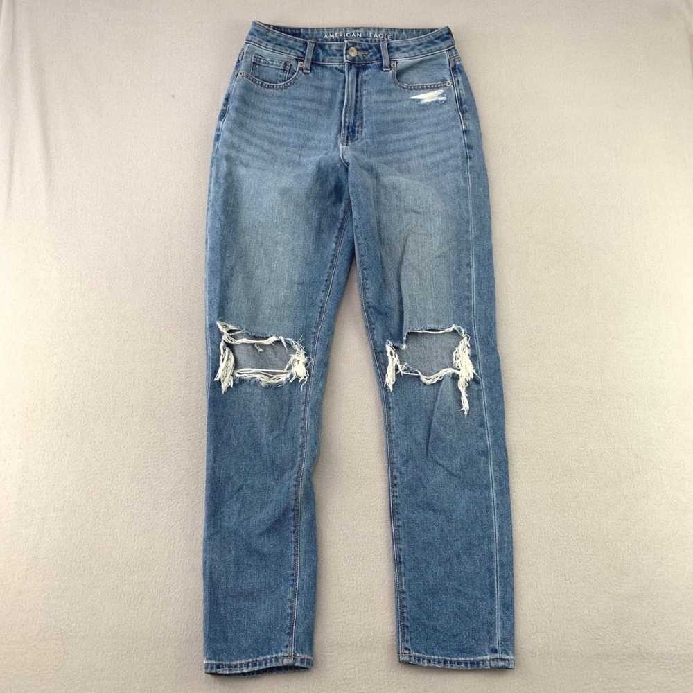 American Eagle Mom Jeans Women 4 Long Blue Distressed Comfort Stretch Lightwash